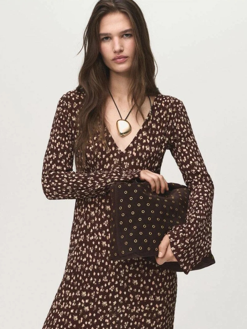 NWT MANGO Print Long Sleeve Maxi Dress - Brown 4 - Picture 3 of 8